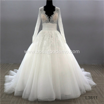 v neck backless lace bridal Long Sleeve Wedding Dress with lace